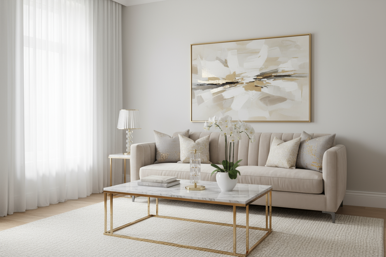 Living room with off-white walls, gold trim on glass coffee table, with beige sofa in a well lit room with natural sunlight and a modern luxury canvas on the wall with white and gold accent colors