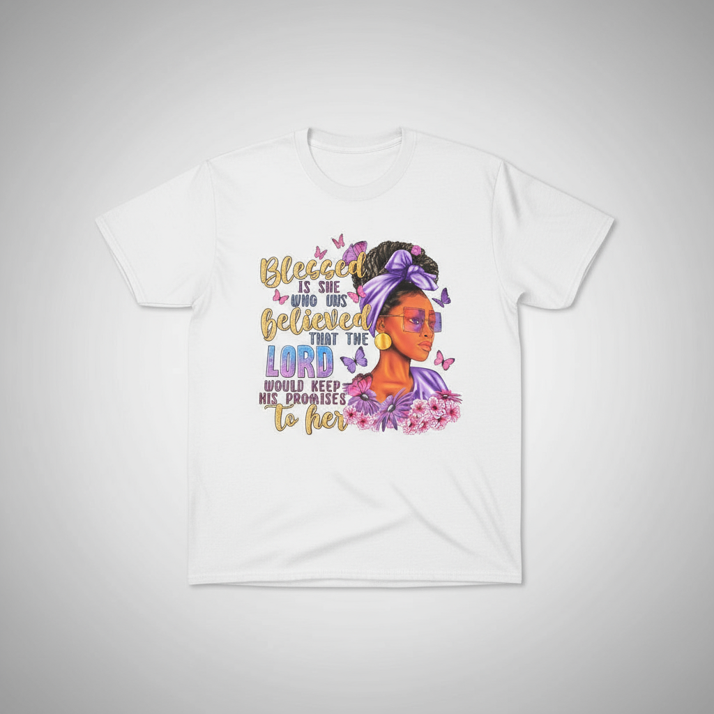 White t-shirt with a colorful graphic of a woman and text on a gray background