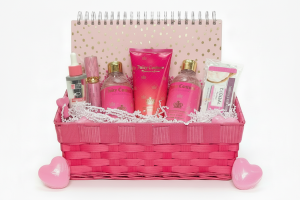 Pink gift set with 'Juicy Contour' branding on a white background