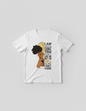 White t-shirt with a graphic of a woman's head and text on a gray background