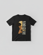 Black t-shirt with a graphic design and text on a gray background