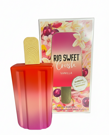 Red and pink popsicle-shaped perfume bottle with floral packaging labeled 'Rid Sweet Crusta Vanilla' on a white background.