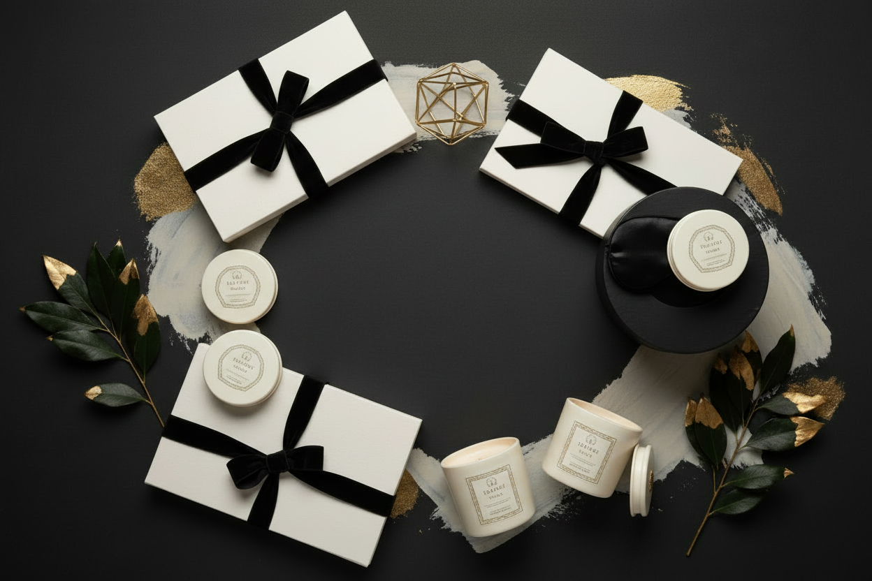 Collection of candles and gift boxes with decorative elements on a dark background