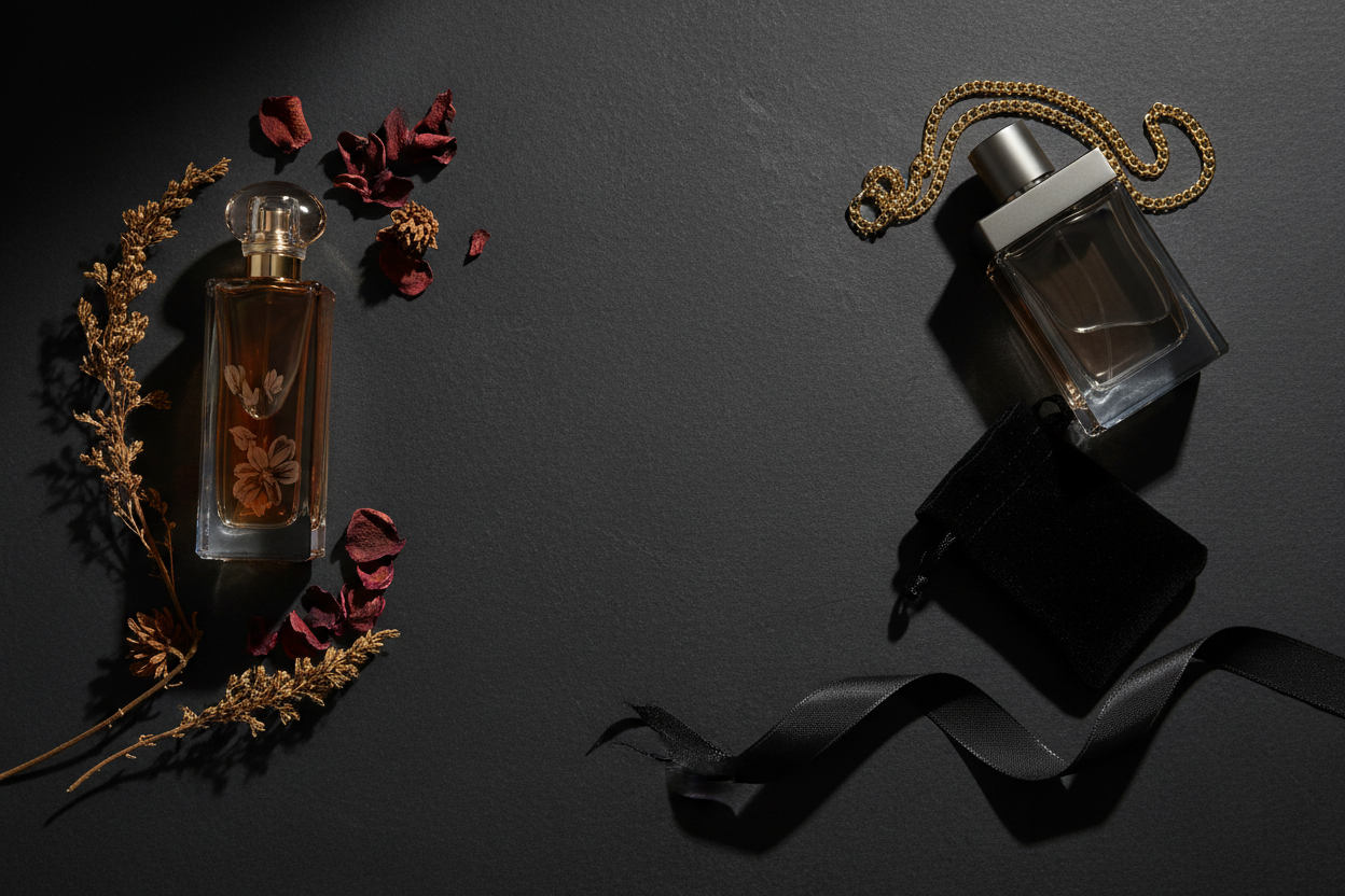 Perfume cologne flat lay dark